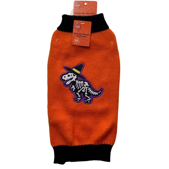 Skeleton Dinosaur Halloween Dog Sweater Size Medium Orange Black T Rex Witch Hat - Picture 1 of 6
